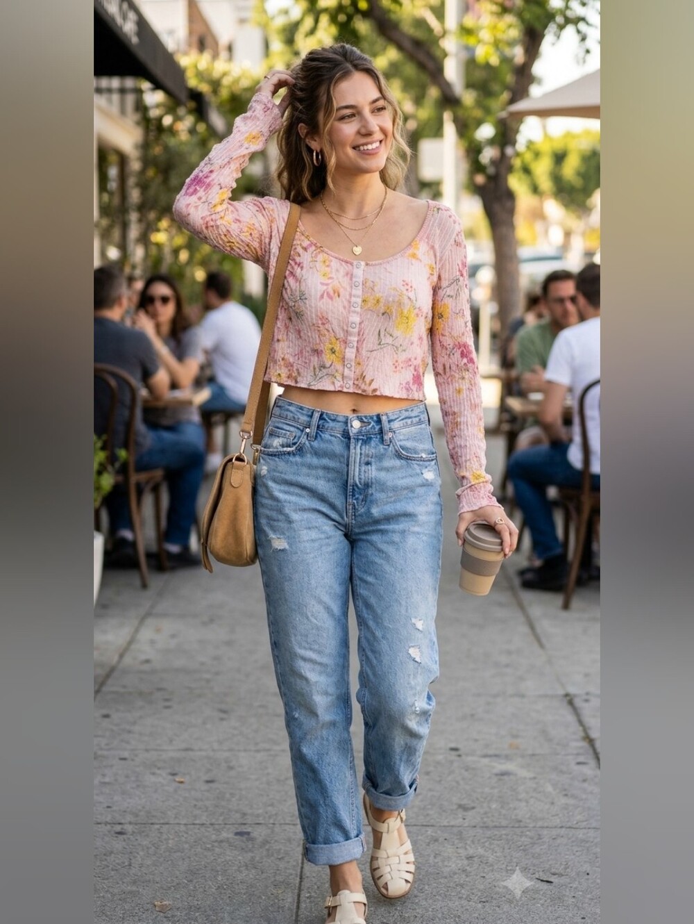 Free People- We The Free Pink Floral Ribbed Button-Front Crop Top Large Petite